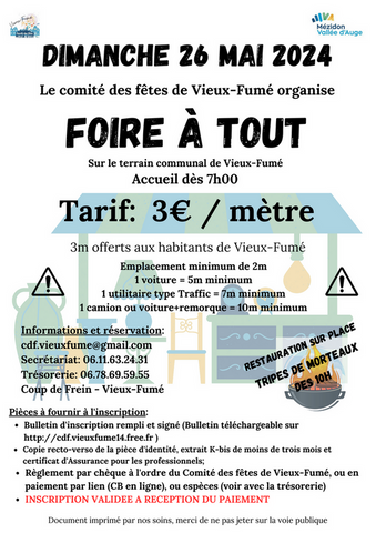 Flyer Foire à tout 2023 Vieux-fumé 28 mai 2023